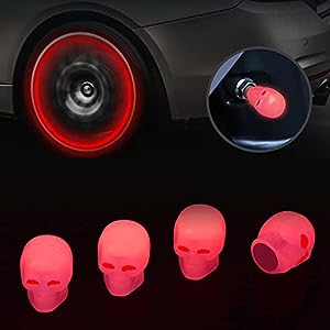 VARGTR 4 Pcs Tire Valve Stem Caps,Luminous Skull Tire Air Valves Stem Caps,Night Glow Luminous Wheels Cap Tire Valve Stem,Tire Valve Caps Wheel Rim Dust Cover for Car Truck Motorcycles SUVs (Red)