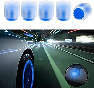 Tire Valve Stem Caps for Car, 5PCS Fluorescent Valve Stem Caps, Noctilucous Tire Air Caps Cover, Illuminated Auto Wheel Valve Stem Cap Fit for Car, Truck, SUV, Motorcycles, Bike (Blue)
