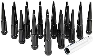 Wheel Accessories Parts Set of 20 Black Spiked Solid Metal Lug Nuts 1/2 x 20 Thread 4.4 Inch Tall Closed End Bulge Acorn Spike Lug Nut 1 Long Socket Key