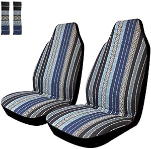 Copap Blue Stripe Front Seat Cover Baja Blanket Bucket Seat Cover 4pcs Universal Colorful Saddle Blanket with Seat-Belt Pad Protectors for Car, SUV & Truck (2 seat Covers+2 seat Belt Covers)
