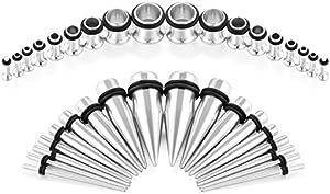vcmart 14G-00G 36pcs Tapers and Tunnels Ear Gauge Stretching Kit Surgical Stainless Steel