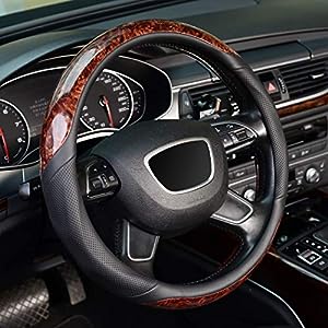 KAFEEK Wood Grain Steering Wheel Cover, Universal 15 inch, Microfiber Leather,Anti-Slip, Odorless
