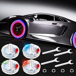 Car Tire Lights Wheel Valve Stem Hub Lamp Cap Lights Car Solar Led Tire Lights Solar Energy Flashing Lights for Vehicles Car Motorcycles Bicycles (4 Pieces)